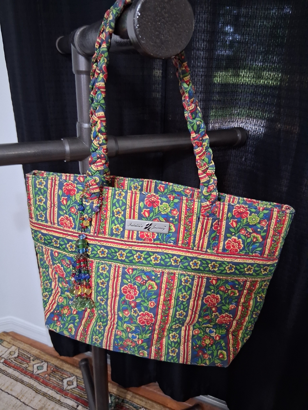 Quilted Floral Stripe Tote Bag in Green and Red